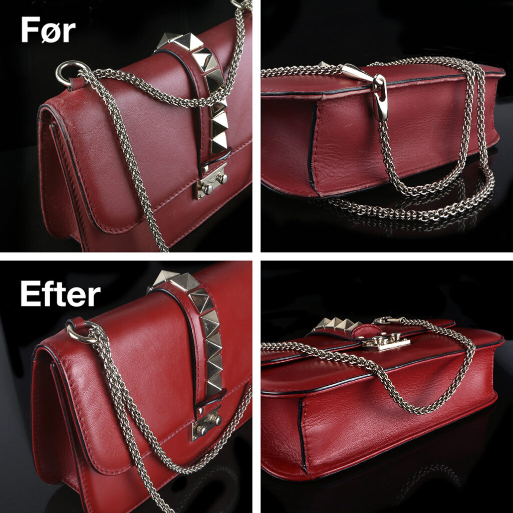 Foto af Valentino taske rød - skind rens restaurering før og efter