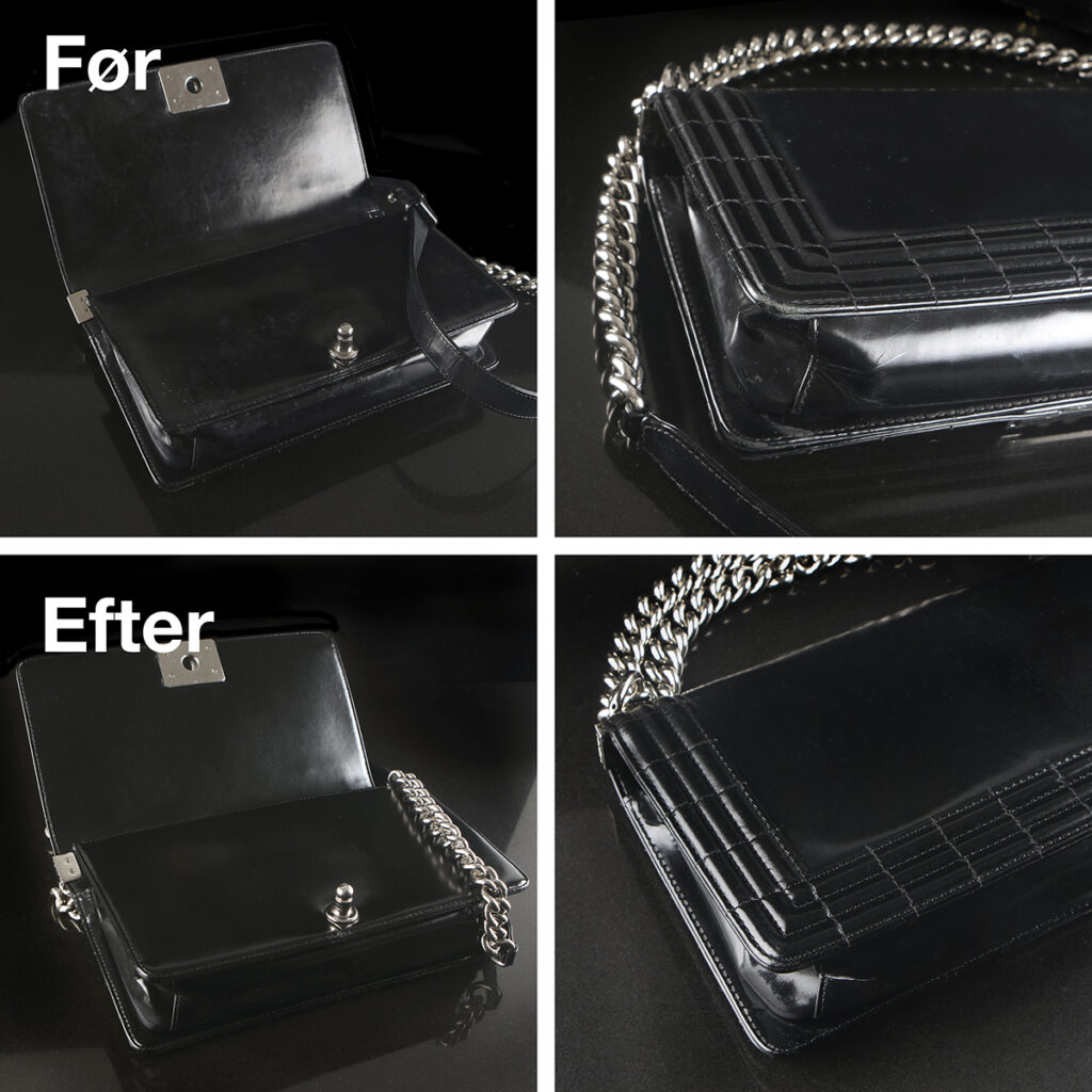 Foto af Chanel Le Boy medium patentlæder skind rens restaurering før og efter 2