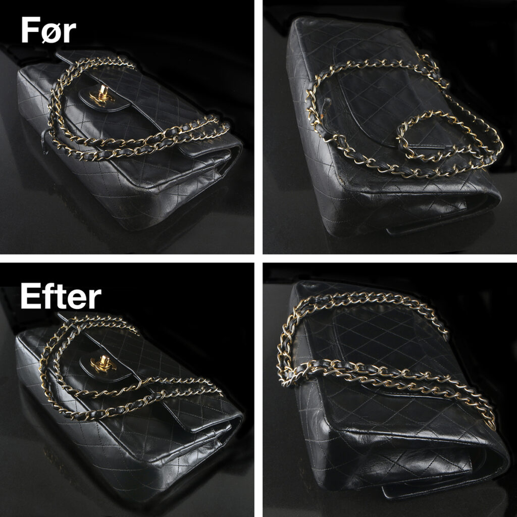 Foto af Chanel 255 Dobbelt Flap reparation af slidte hjørner før og efter