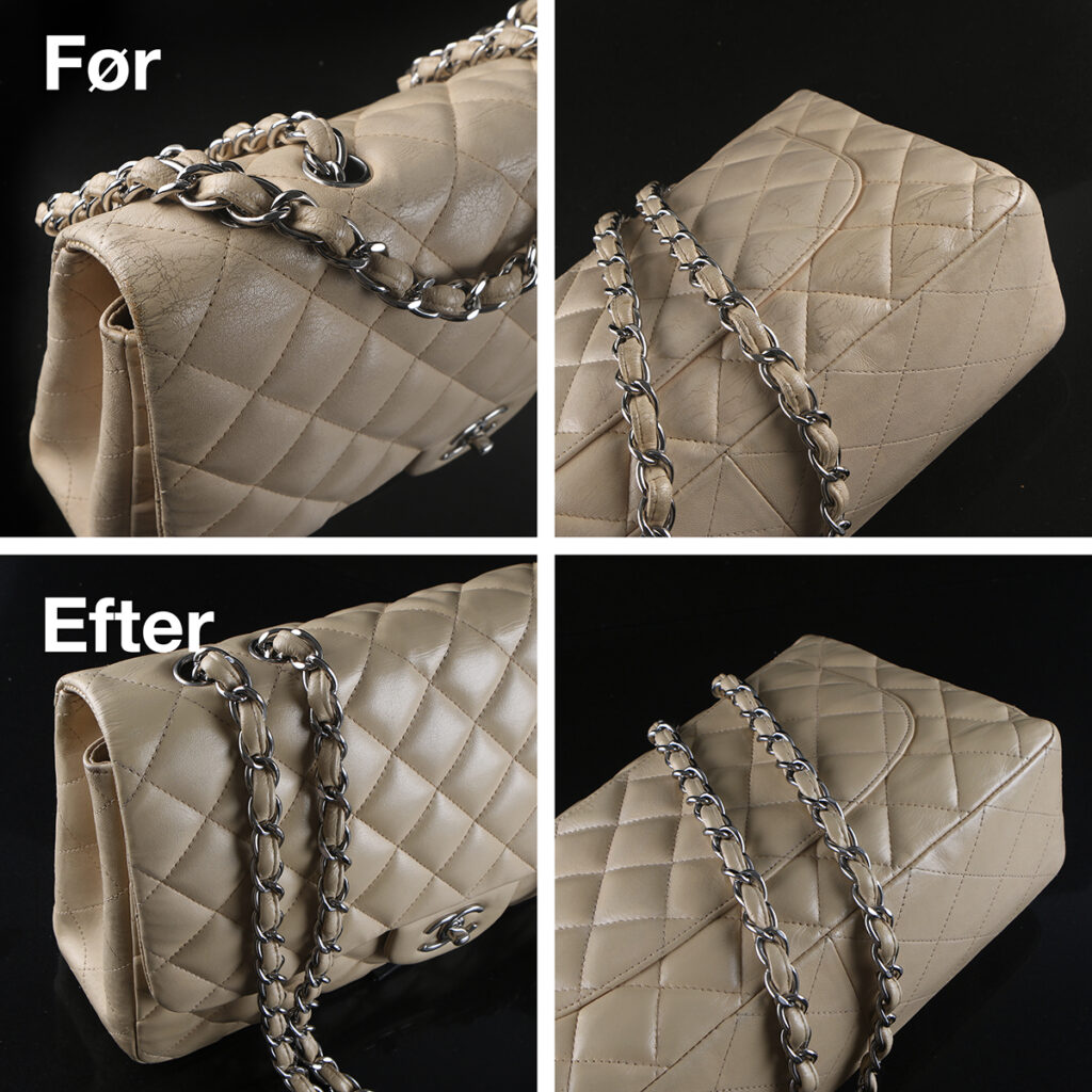 Foto af Chanel handbag Beige 30x18x8 cm reparation af krakeleringer før og efter