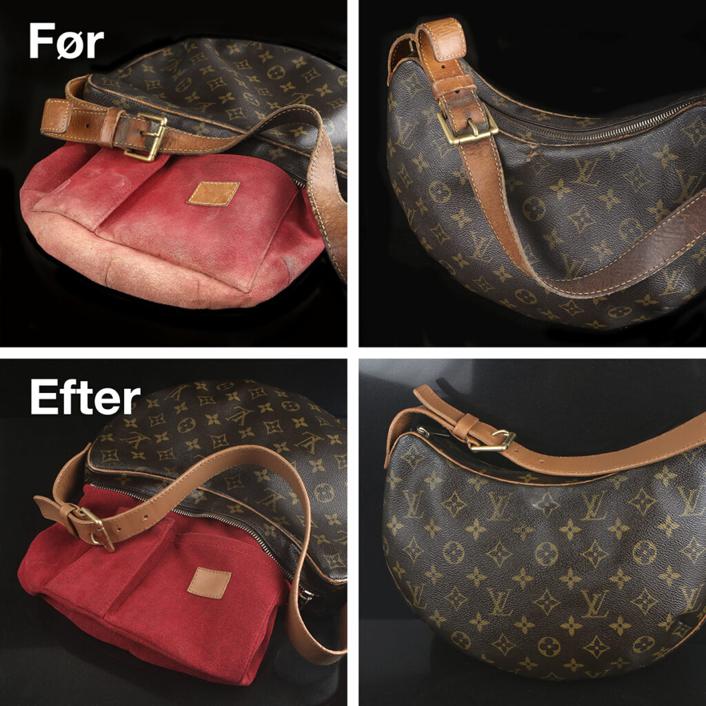 Louis Vuitton taske - Monogram canvas - reparation af hul og mørnet rem - rens af foer