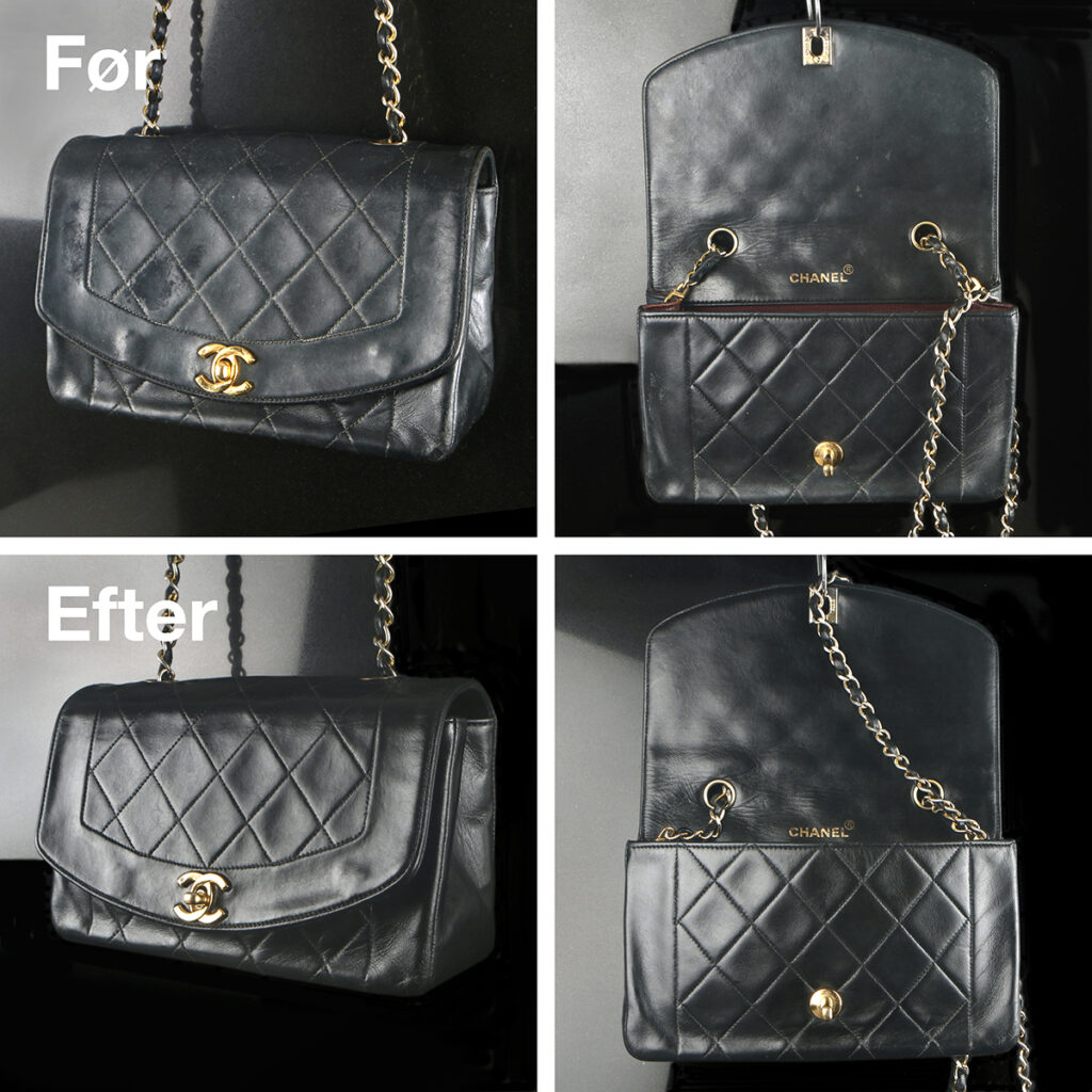 Chanel Diana crossbody bag - reparation kanter, syning skindbånd i lænke, farvning udvendigt og indvendigt