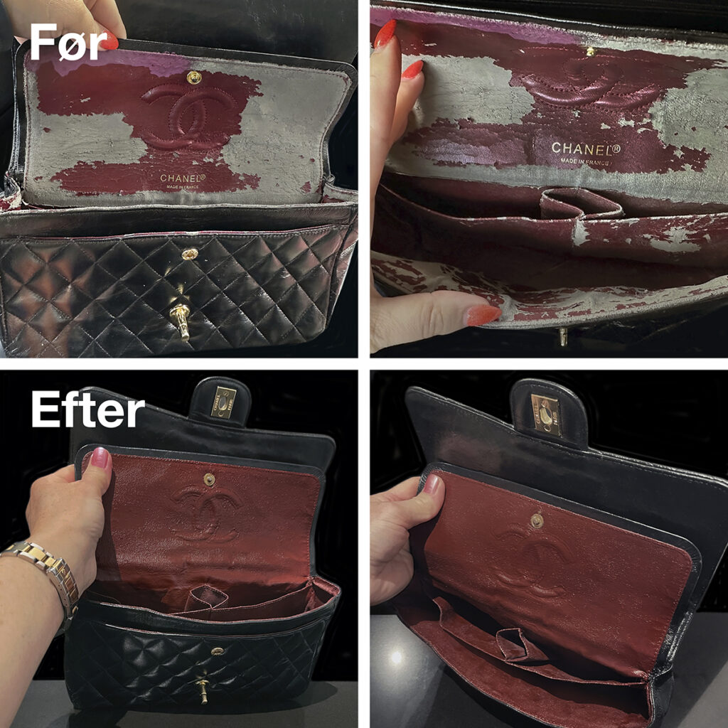 Chanel Classic Medium Double Flap Bag - reparation af smuldret foer + farvning