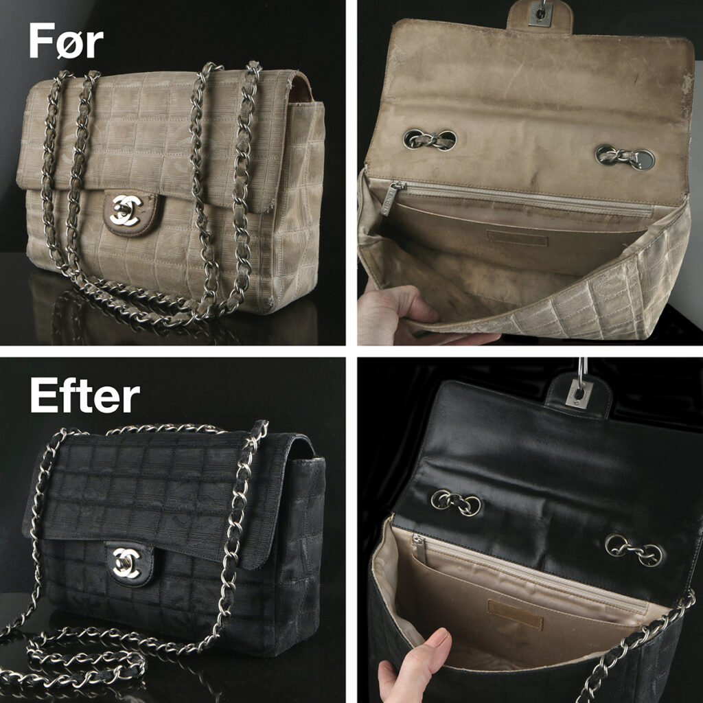 Chanel Classic Flap Bag - Grå canvas - rens og reparation af huller og slitage + omfarvning