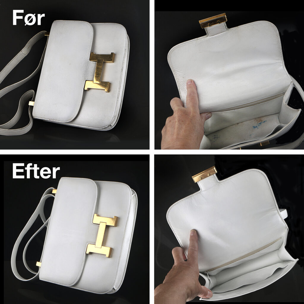 Foto af hvid Hermès Constance Leather Handbag - restaurering af skindet udvendigt og indvendigt