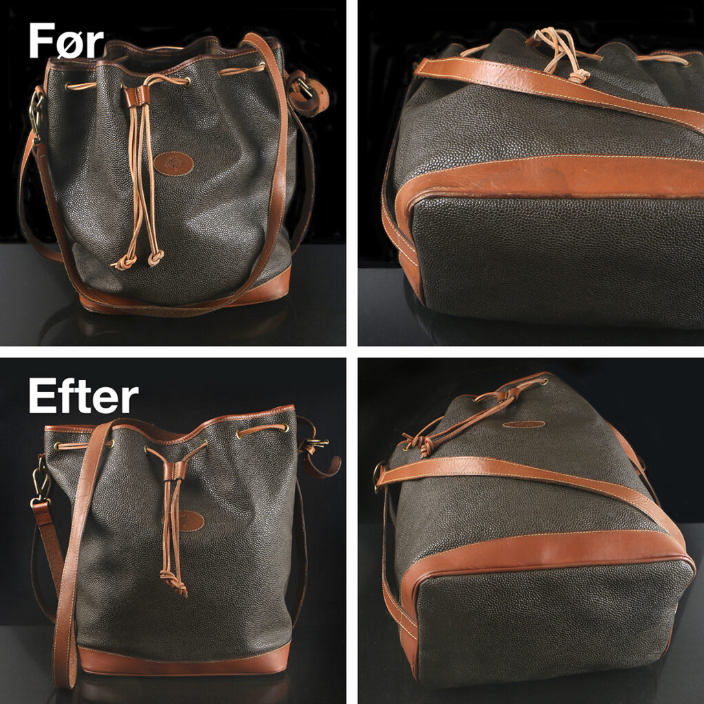 Foto af mørk brun Mulberry taske med rødbrune kanter - rens og farve retouche