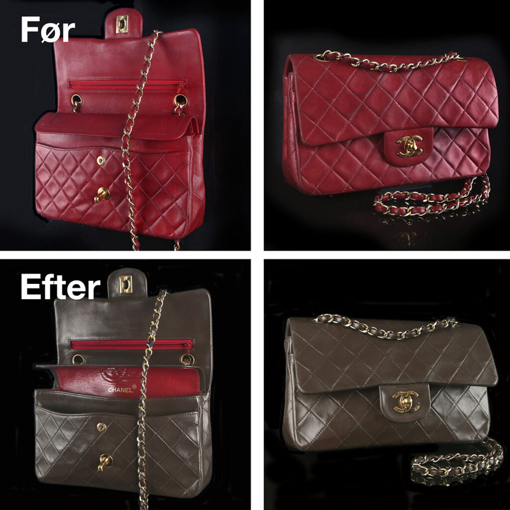Foto af rød Chanel Small Double Flap Bag - omfarvning til brun og indvendigt delvist brun/rød