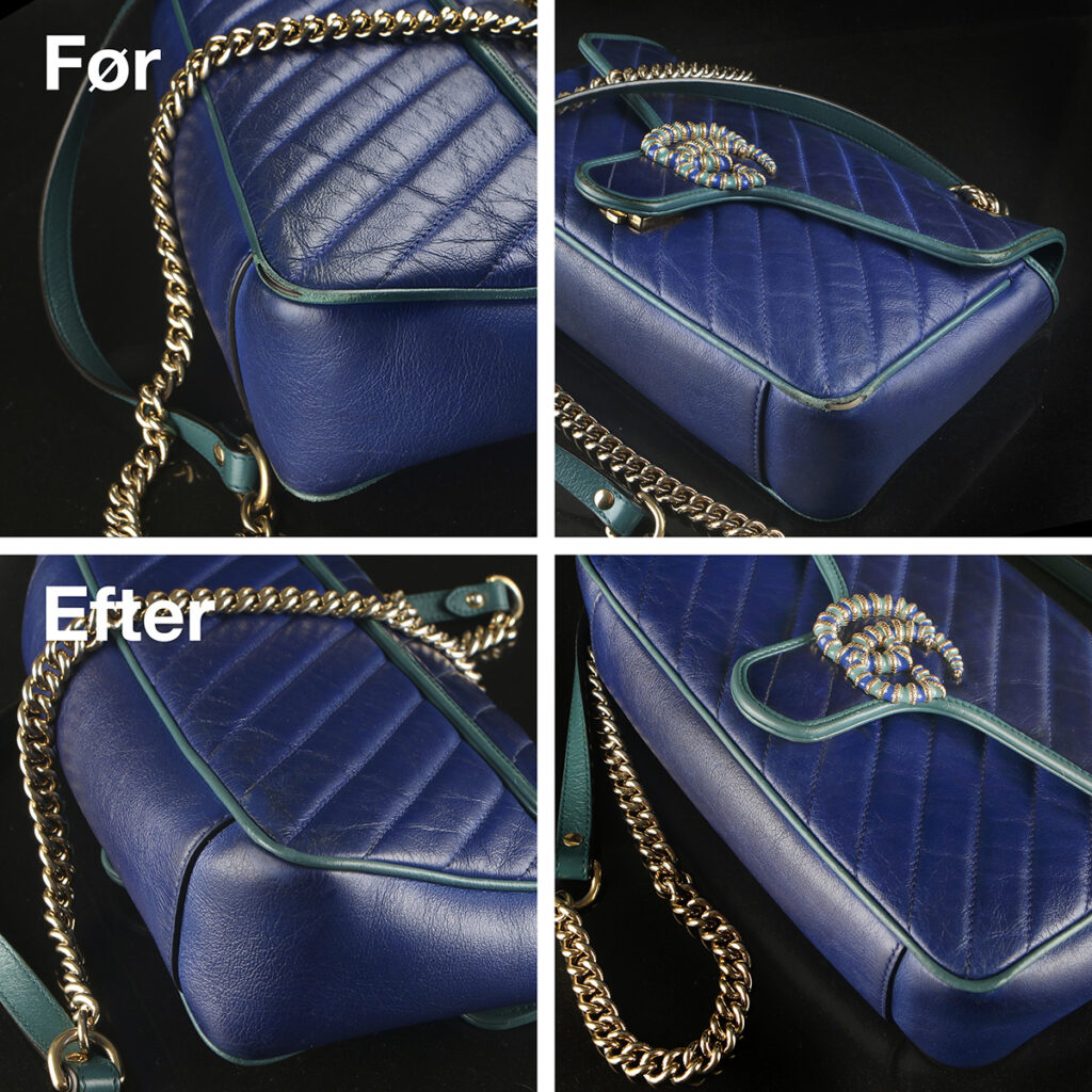 Foto af blå og turquoise Gucci Small Matelasse Leather Crossbody Bag - reparation af keder og farvning