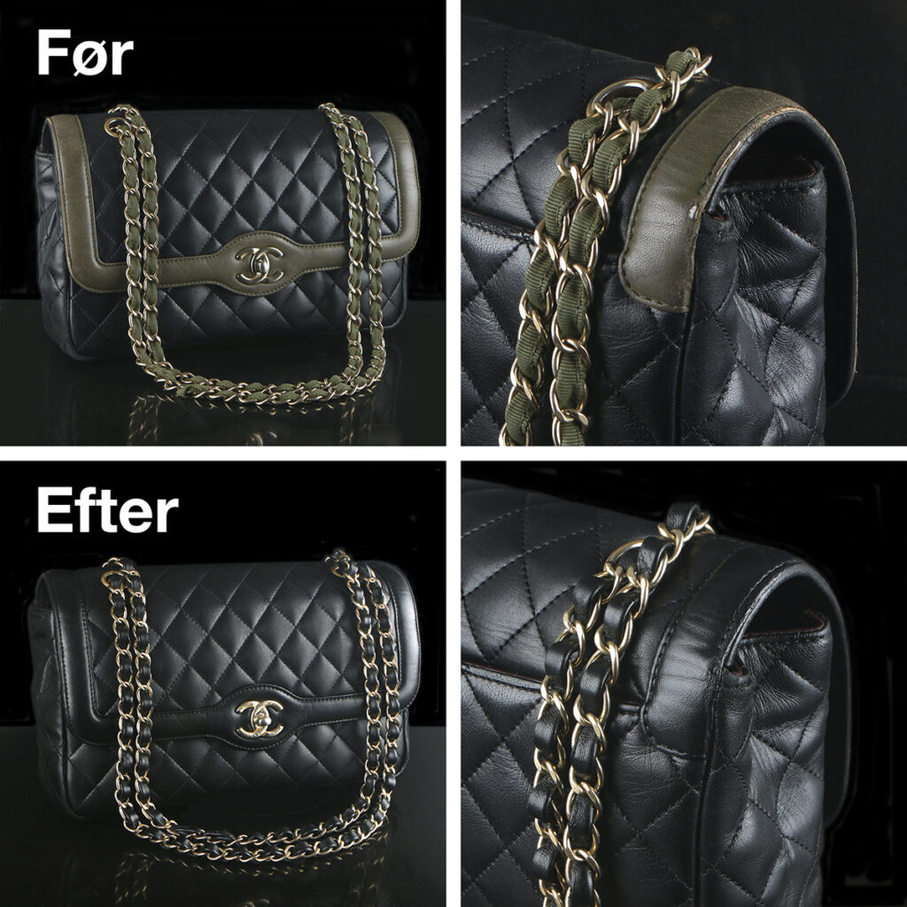 Foto af sort og grøn Chanel Trendy crossbody bag - omfarvning til sort + nyt skindbånd i lænke